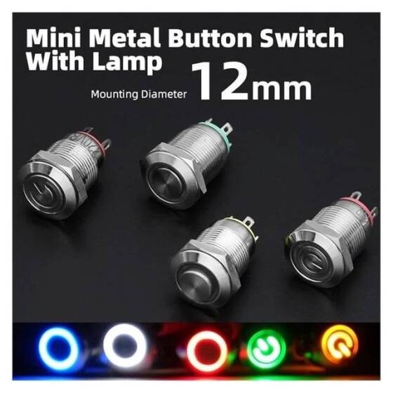 Mavi Ledli 12mm 110-220V Su Geçirmez Kendinden Kilitli Metal Push Buton - 4