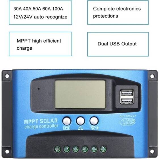 MPPT 100A 12/24V Solar Şarj Regülatörü - Çift USB - LCD Ekran - Otomatik Solar Hücre Şarj Cihazı - Şarjlı Regülatör - 4