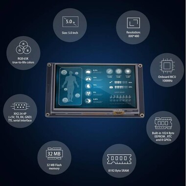 NX8048K050 - 5 Inch Nextion HMI Dokunmatik TFT Lcd Ekran + 8 Port GPIO / 32 MB Dahili Hafıza - 3