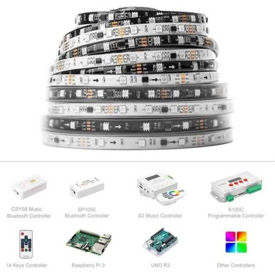 Plastik Kapaklı 12V WS2811 RGB5050 Beyaz SMD LED Şerit 96 LED/Metre Esnek 5 Metrelik Makara IP67 - 5