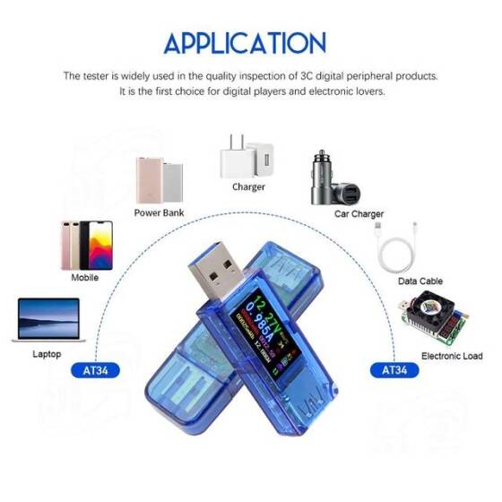 RD AT34 Haneli USB 3-0 Renkli LCD Voltmetre Ampermetre Gerilim Akım Ölçer Multimetre Pil Şarj Güç Bankası USB Test Cihazı - 2