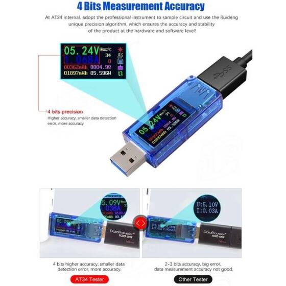 RD AT34 Haneli USB 3-0 Renkli LCD Voltmetre Ampermetre Gerilim Akım Ölçer Multimetre Pil Şarj Güç Bankası USB Test Cihazı - 4