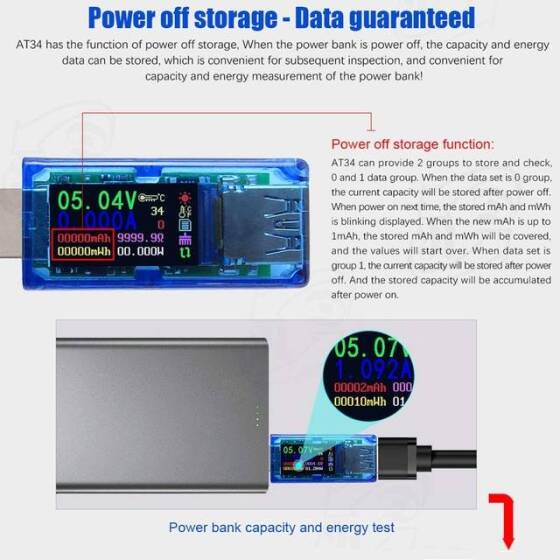 RD AT34 Haneli USB 3-0 Renkli LCD Voltmetre Ampermetre Gerilim Akım Ölçer Multimetre Pil Şarj Güç Bankası USB Test Cihazı - 5