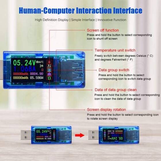 RD AT34 Haneli USB 3-0 Renkli LCD Voltmetre Ampermetre Gerilim Akım Ölçer Multimetre Pil Şarj Güç Bankası USB Test Cihazı - 6