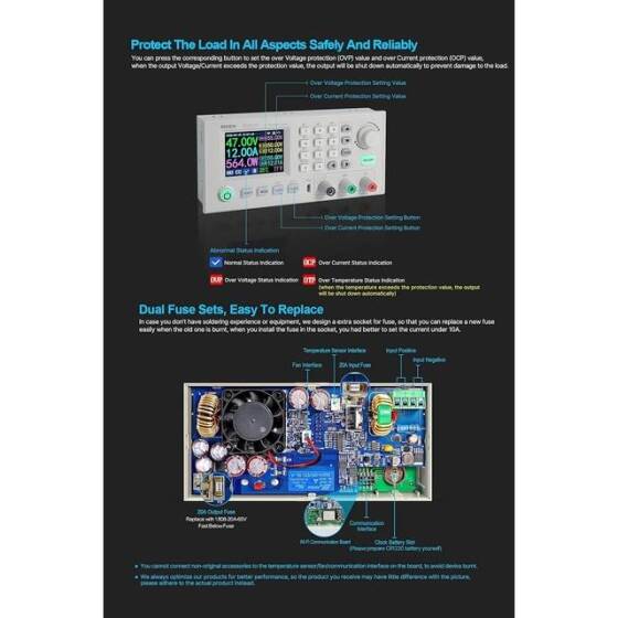 RD RD6012 USB WiFi DC DC Gerilim Adım Aşağı Güç Kaynağı Modülü Buck Dönüştürücü Voltmetre Multimetre 60 V 12A Wifi Hariç - 6