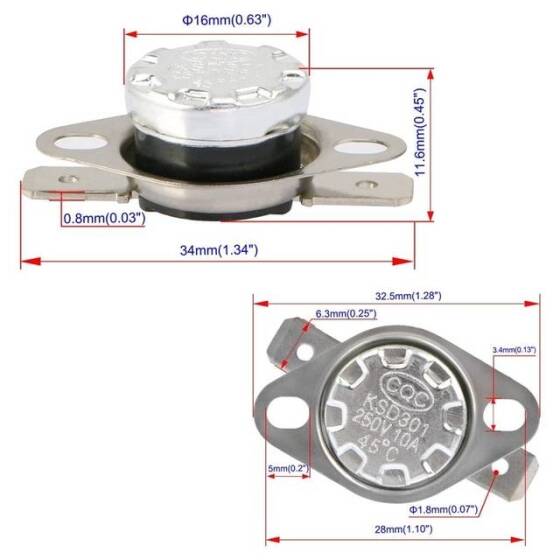 Seramik KSD301 45 Derece NC Limit Termostat 250V 16A - 2