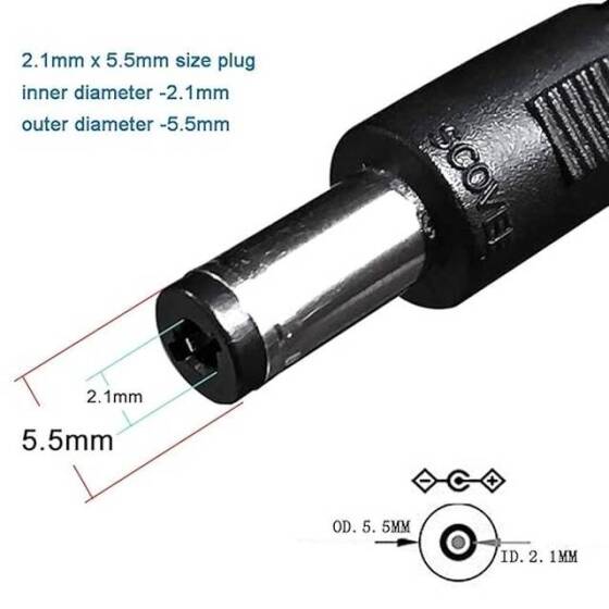 Siyah DC5.5x2.1 Erkek-Dişi Fiş Uzatma Kablosu 304 Anahtarlı Güç Kablosu - Uzunluk 28cm - 2