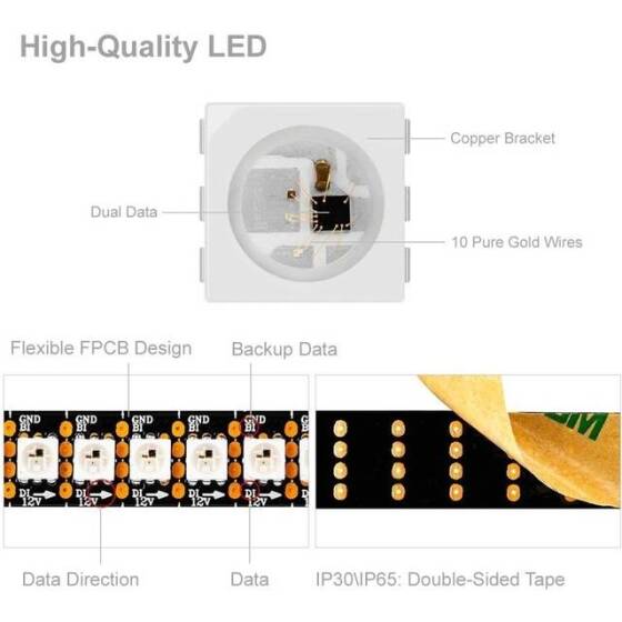 Su Geçirmez 12V WS2815 RGB5050 Siyah Esnek 1M SMD LED Şerit 144 LED/Metre IP30 - 5