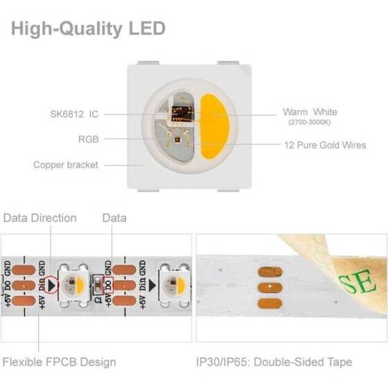 Su Geçirmez 5V SK6812 RGBCW 5050 Siyah Esnek 1M SMD LED Şerit 144 LED/Metre IP30 - 4