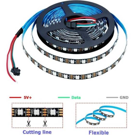 Su Geçirmez 5V WS2812B RGB5050 Siyah SMD LED Şerit 60 LED/Metre Esnek 5 Metrelik Makara IP30 - 4