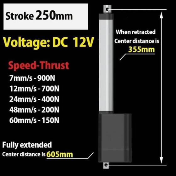 Su geçirmez Strok Uzunluğu 250 mm 7 mm/S 900N DC 12V Lineer Aktüatör Yüksek İtme Teleskopik Çubuk - 5