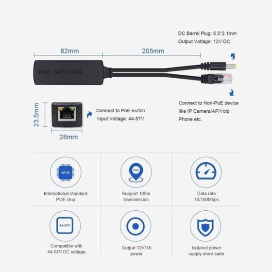 Tip C 100M PoE Ayırıcı 48V - 12V 2A - 3