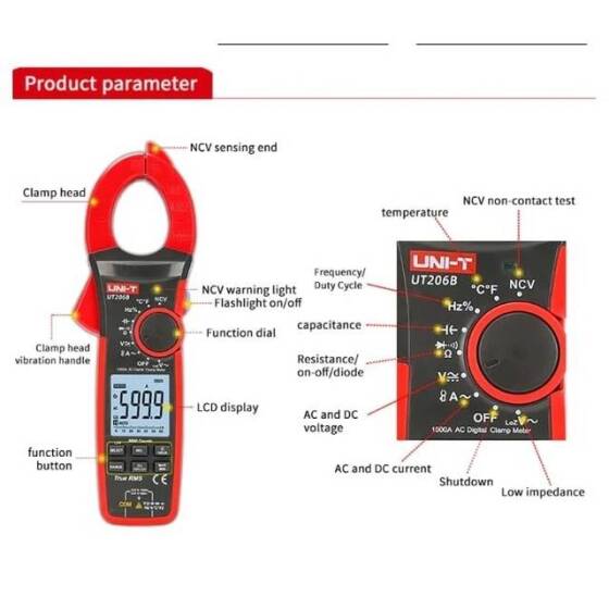 UNI-T UT206 LCD Dijital Kelepçe Multimetre Ohm Dmm DC AC Akım Voltmetre Pilsiz - 5