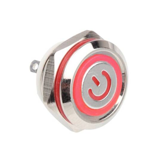 WD12C1 Pin-P1-EC 12mm Düz Yaylı Işıklı Metal Buton - Kırmızı - 1