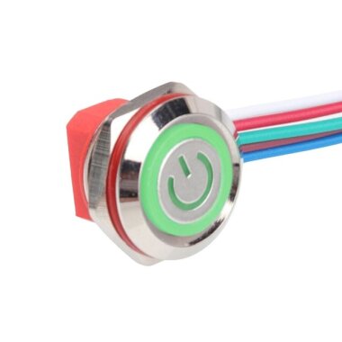 WD12C1-Wired-P1-EC 12mm Düz Yaylı Yeşil Işıklı Metal Buton - Kablolu - WDELE