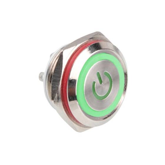 WD16C1 Pin-P1-EC 16mm Düz Yaylı Işıklı Metal Buton - Yeşil - 1