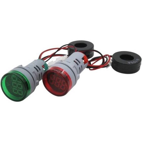 Yeşil 0-100A 22mm AD16-22DSA Yuvarlak Kapaklı Trafolu LED Ampermetre - 1