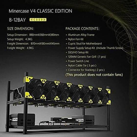 VEDDHA MINERCASE V4C 8-12GPU Alüminyum Alaşımlı İstiflenebilir Çerçeve+7Fans+3080/3090 Özel Uzatma Transfer Kartı x8 Boyut: 880X360X380mm - 3